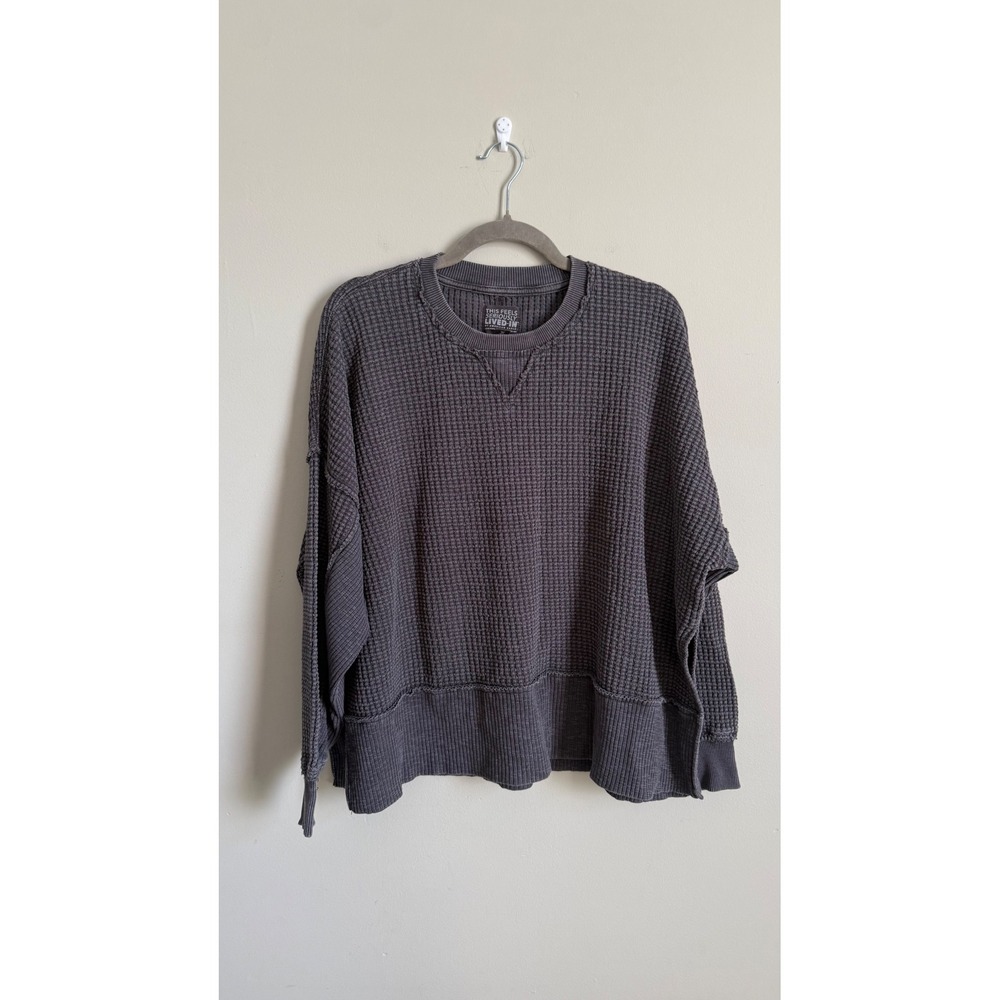 American Eagle Lived-In Waffle Knit Thermal Top Charcoal Grey Oversized XS